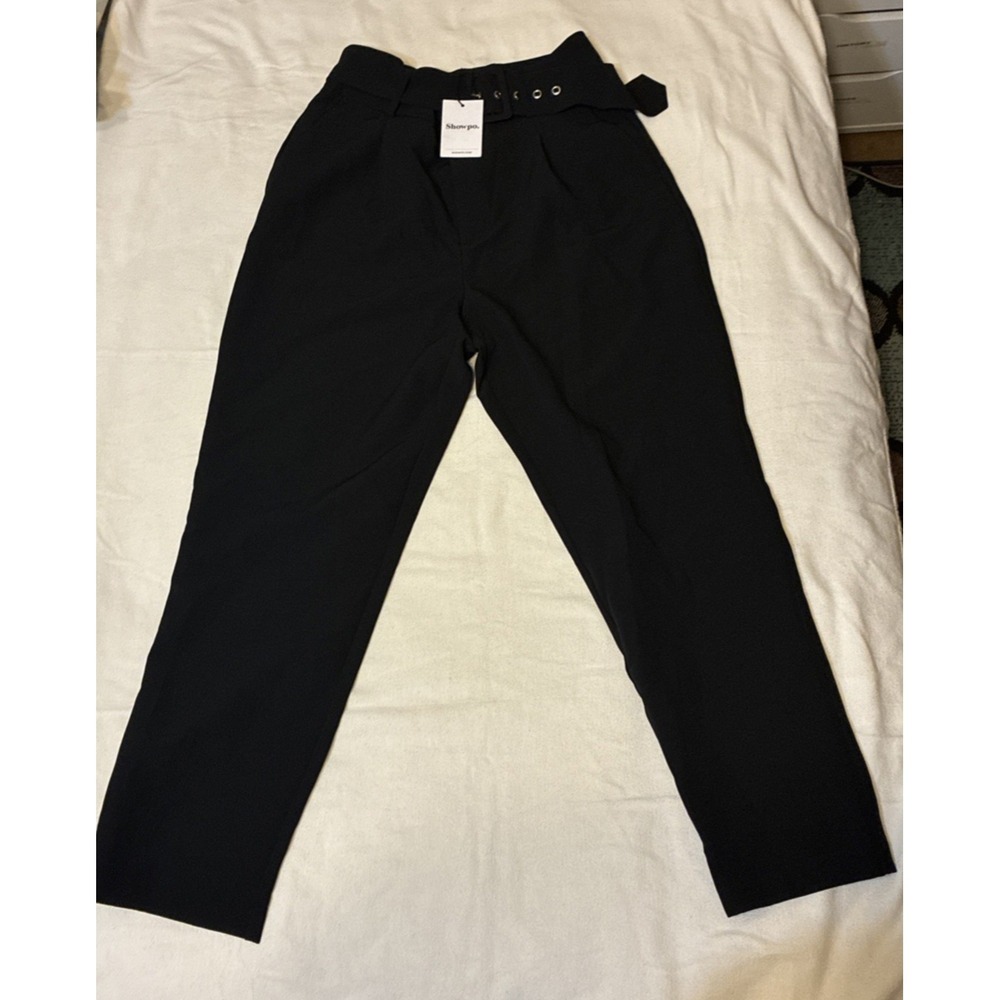 NWT Showpo Womens Milica Belted High Waisted Trousers Black‎ Size 8 Office Siren